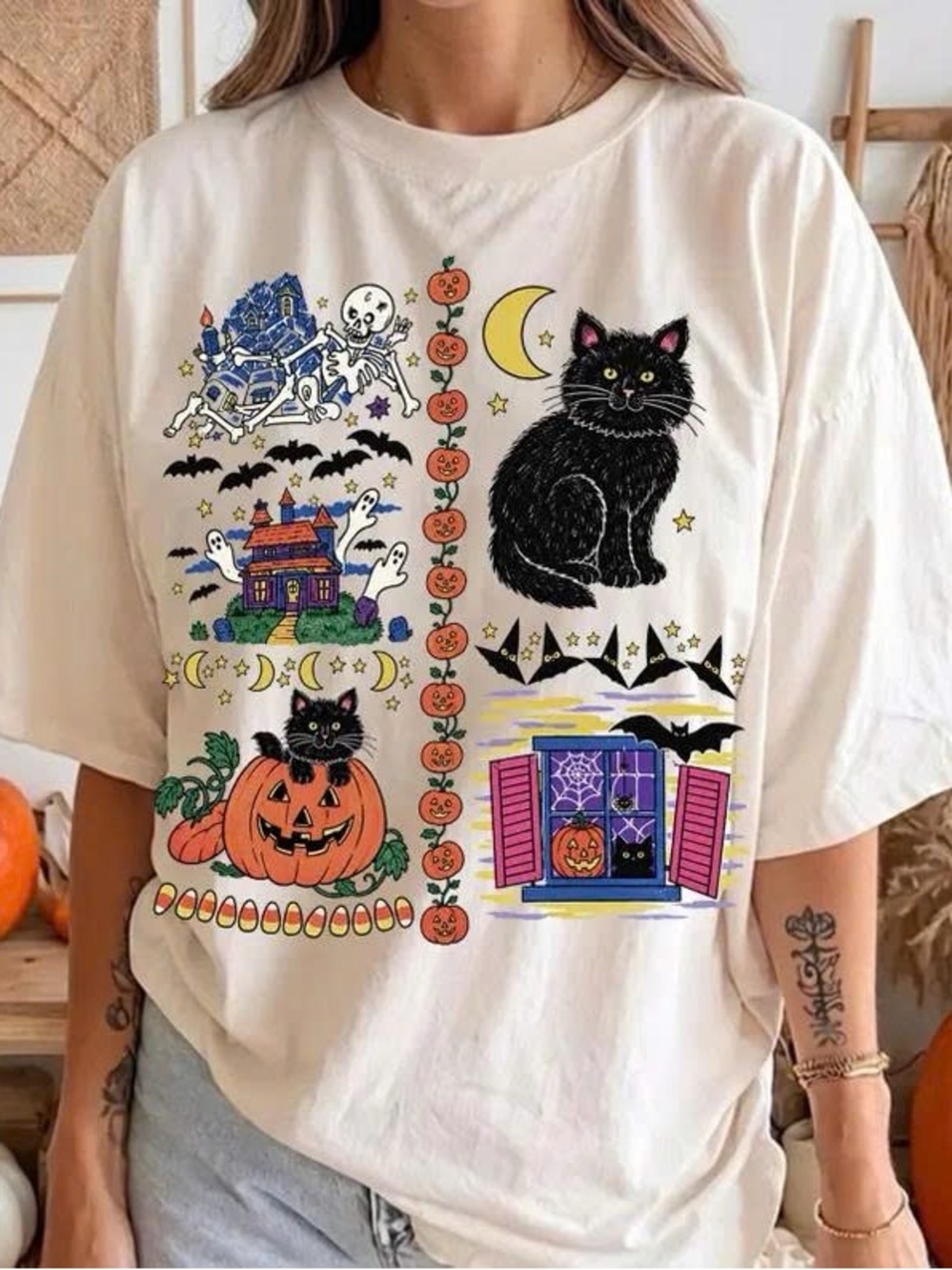Halloween Black Cat Graphic Tee - Cream